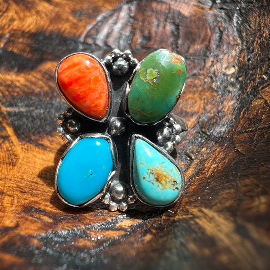 Kingman Turquoise & Spiny Oyster Cluster Ring – Size 8.75