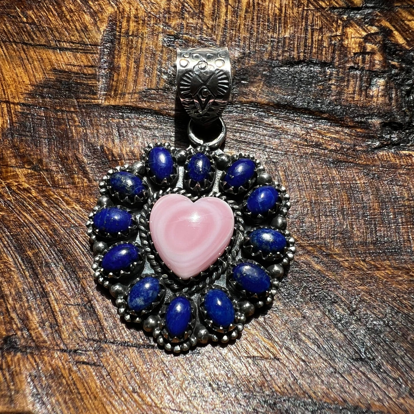 Pink Queen Conch Heart & Lapis Lazuli Statement Pendant – Sterling Silver