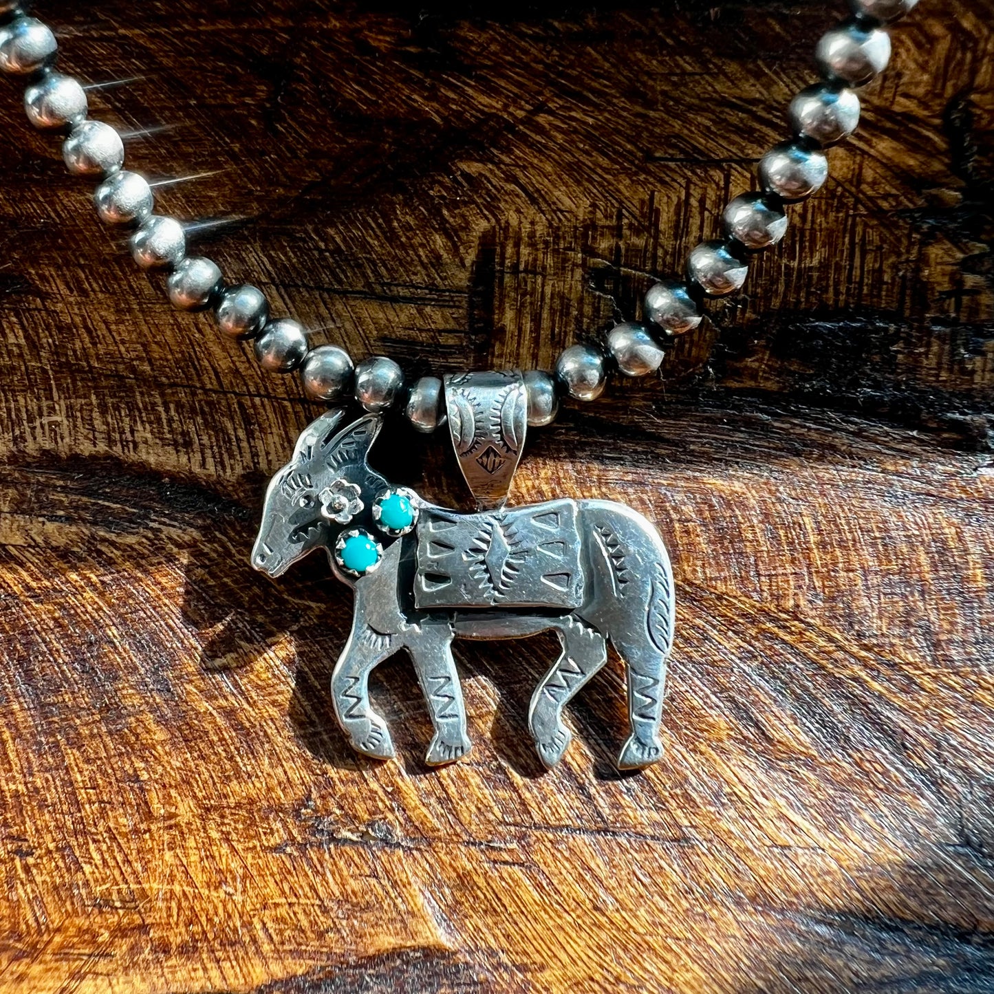 Handmade Sterling Silver Kingman Turquoise Donkey Pendant