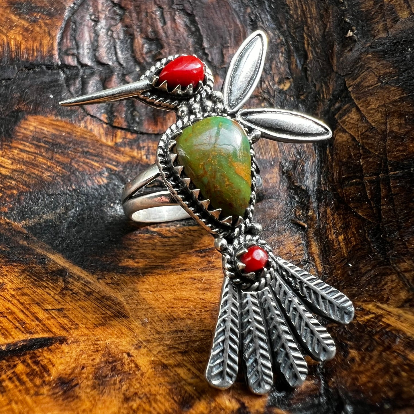 Sterling Silver Hummingbird Ring Kingman Turquoise & Red Coral Size 7