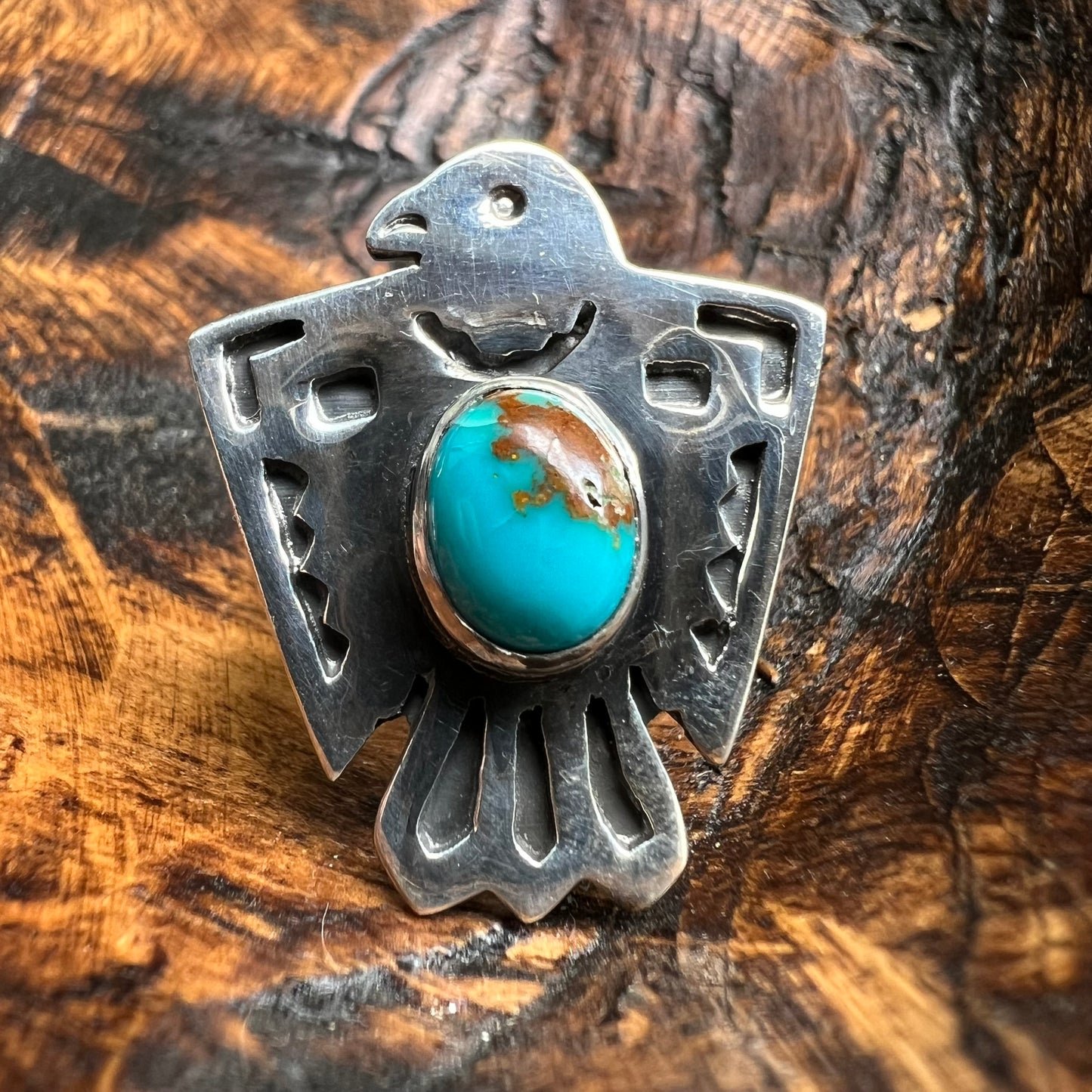 Sterling Silver Kingman Turquoise Thunderbird Ring Size 8.5