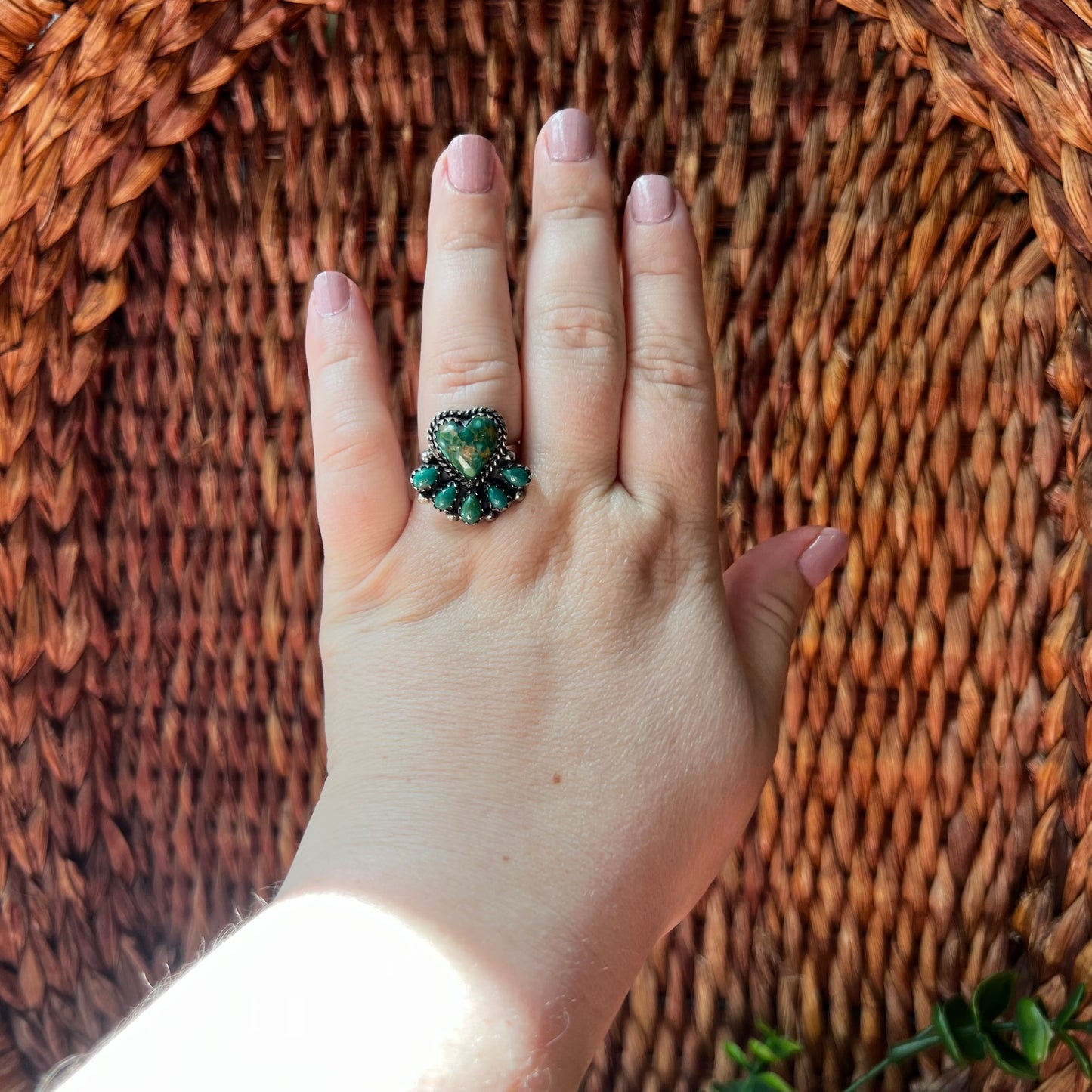 Kingman Turquoise Heart Cluster Ring – Sterling Silver Southwestern Statement | Size 8.75