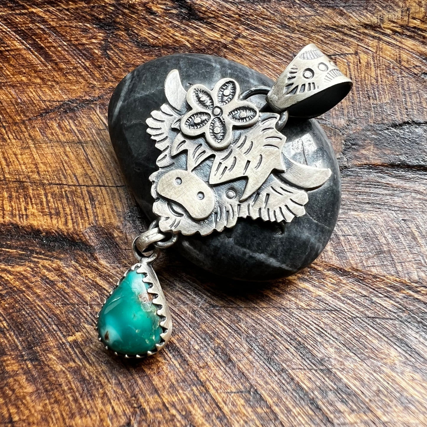Sterling Silver Highland Cow Pendant with Fox Turquoise Drop