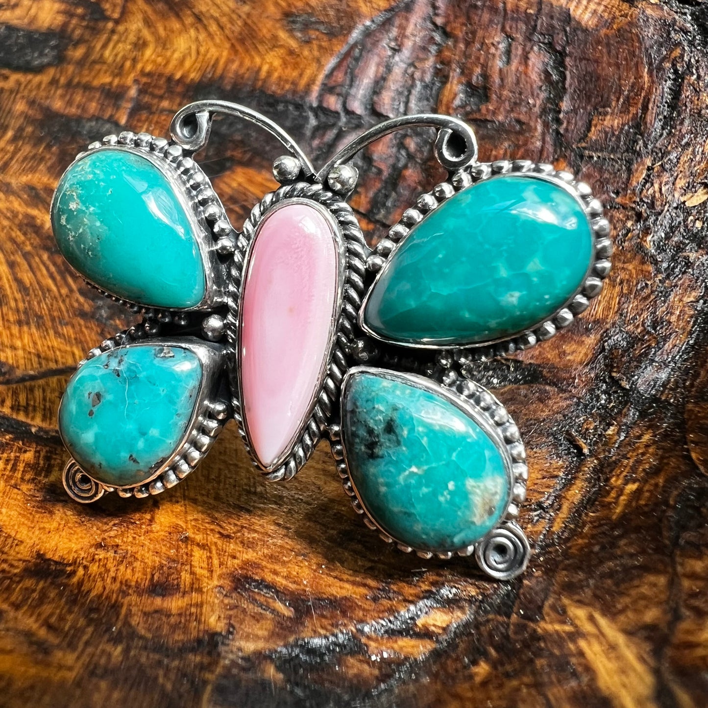 Kingman Turquoise & Pink Conch Butterfly Ring Sterling Silver Size 9