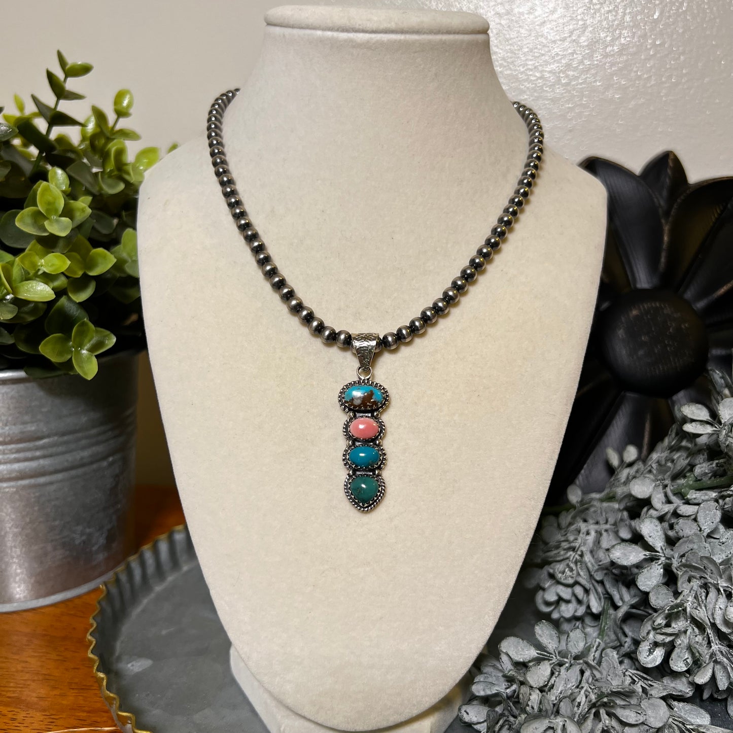 Kingman Turquoise & Queen Conch Multi-Stone Pendant – Sterling Silver Statement