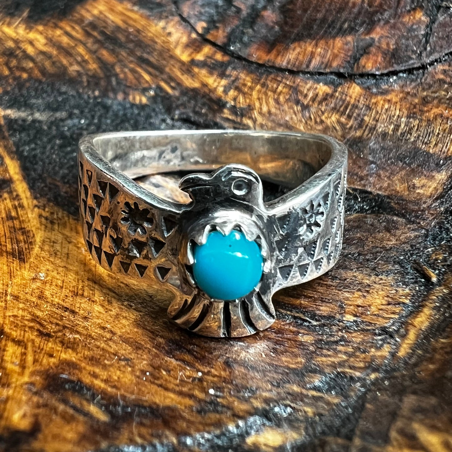 Sterling Silver Kingman Turquoise Thunderbird Ring Size 7.25