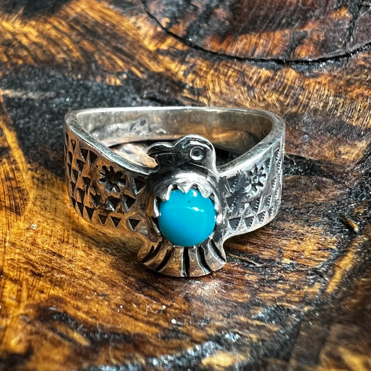 Sterling Silver Kingman Turquoise Thunderbird Ring Size 7.25