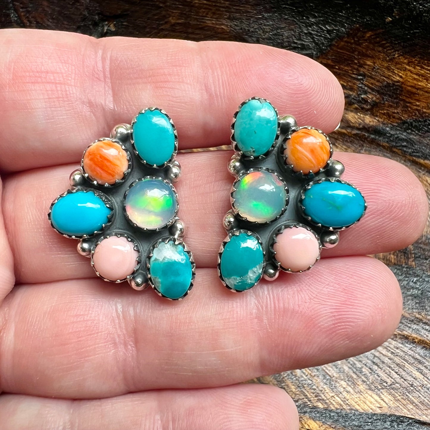 Kingman Turquoise, Ethiopian Opal & Queen Conch Half Cluster Earrings | Sterling Silver