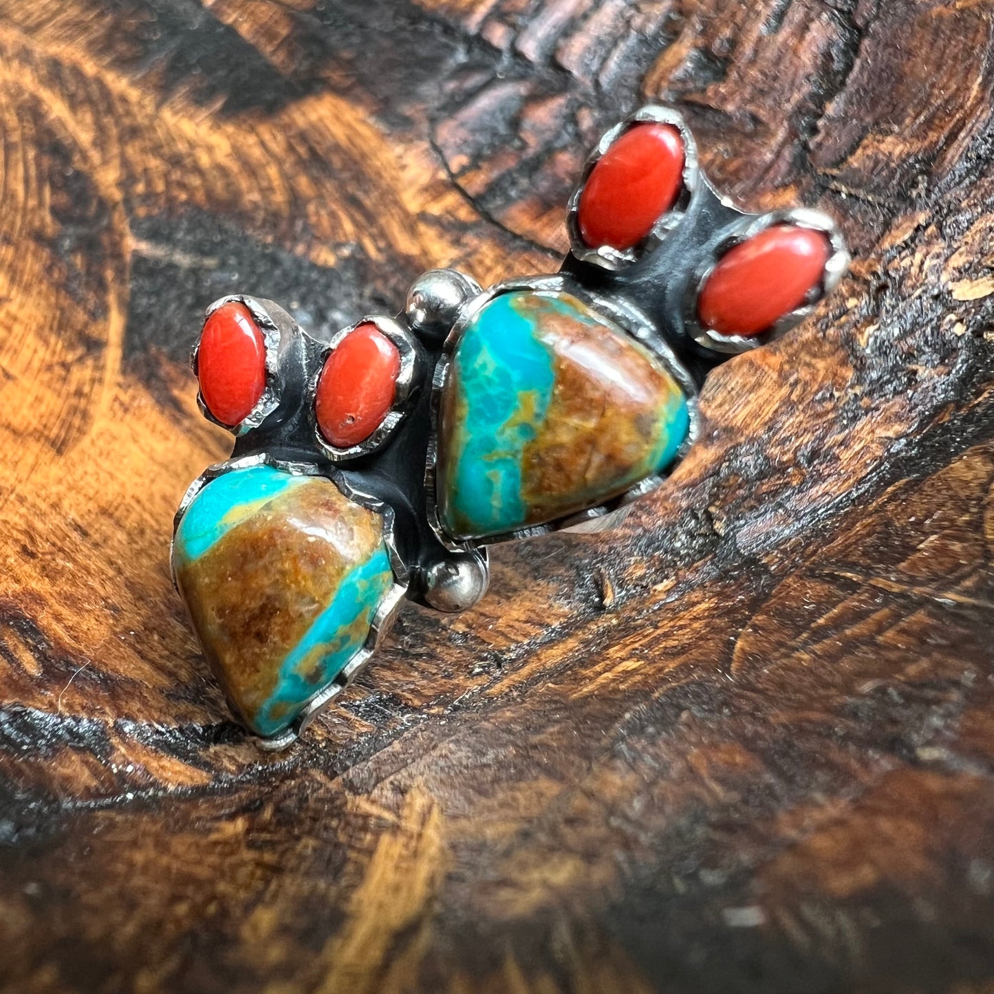 Sterling Royston Turquoise Red Coral Cactus Ring Adjustable Size 8