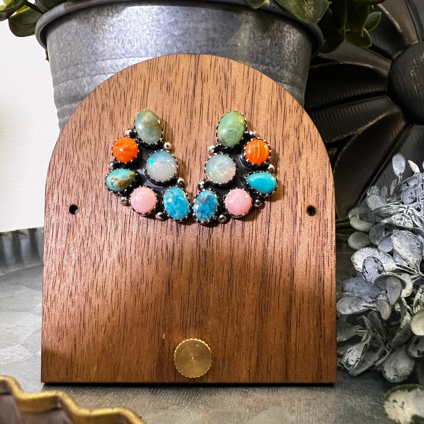 Multistone Cluster Earrings in Sterling Silver | Turquoise, Opal, Pink Conch & Spiny Oyster