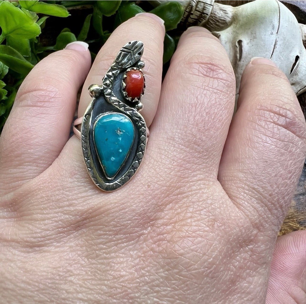 Kingman Turquoise & Italian Red Coral Snake Ring