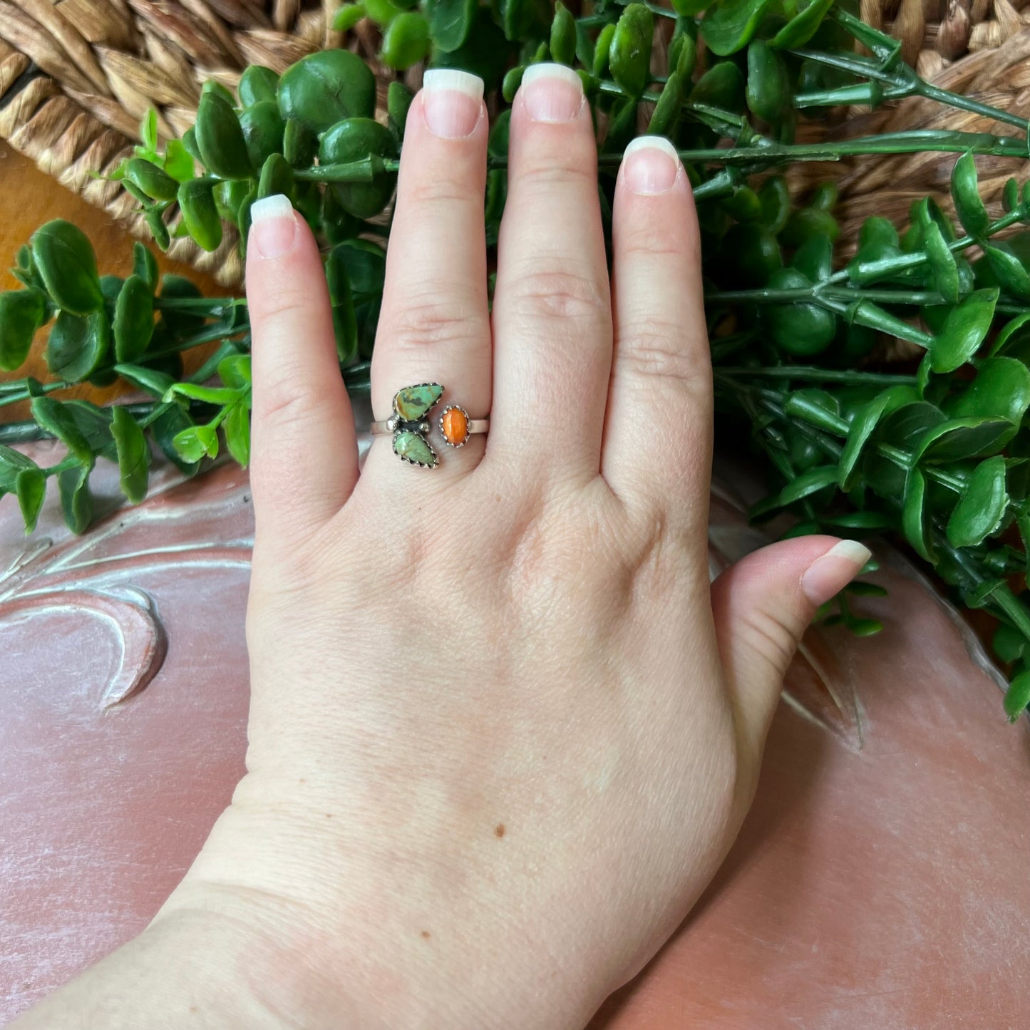 Sterling Silver Kingman Turquoise Spiny Oyster Floater Ring Size 8 Southwest