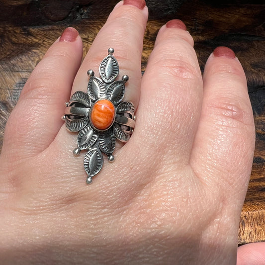 925 Sterling Silver Spiny Oyster Statement Ring Handmade Floral Size 9