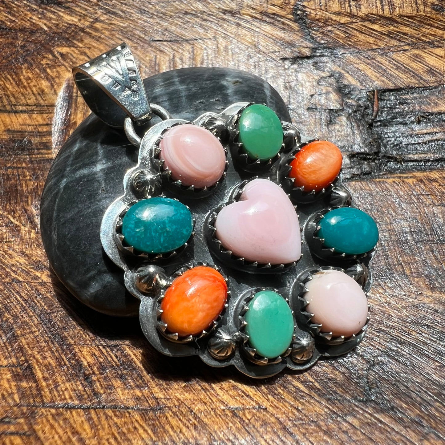 Queen Conch, Kingman Turquoise & Spiny Oyster Cluster Heart Pendant