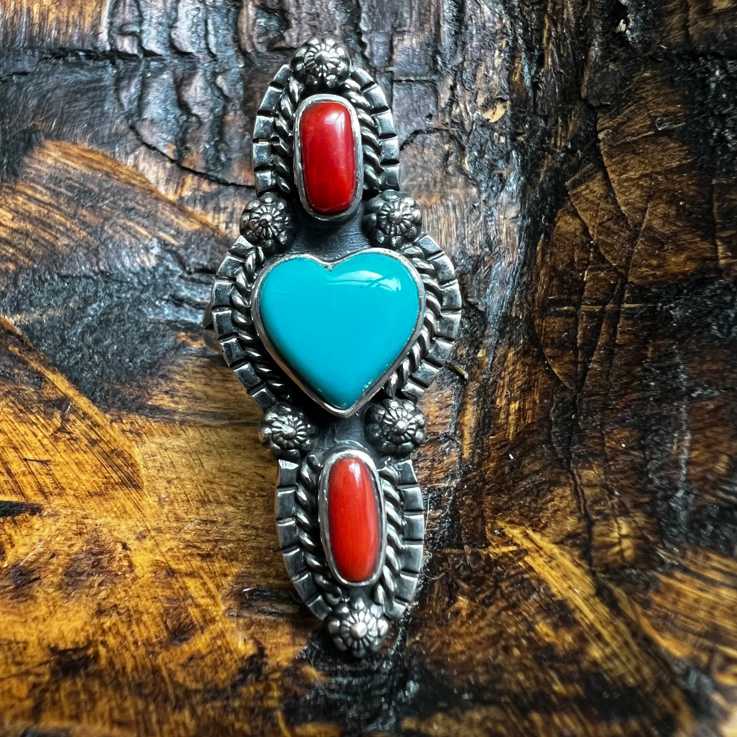 Sterling Kingman Turquoise Heart Italian Red Coral Ring Size 8