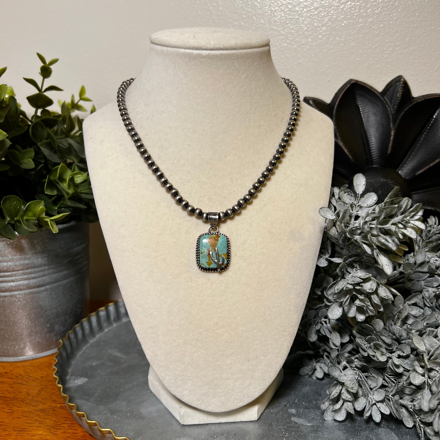 Sterling Silver & Kingman Turquoise Cactus Pendant