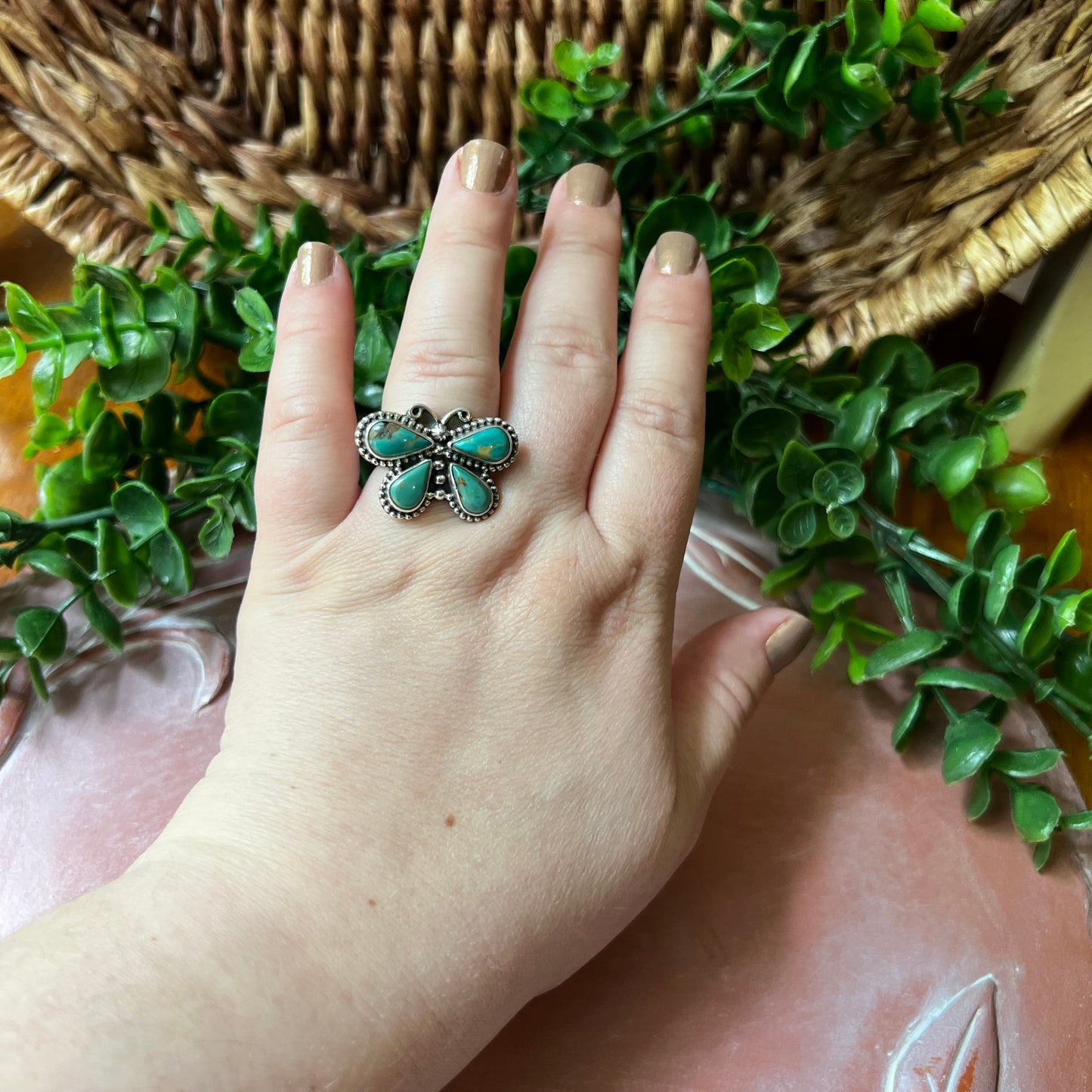 Kingman Turquoise Butterfly Sterling Silver Ring – Size 9