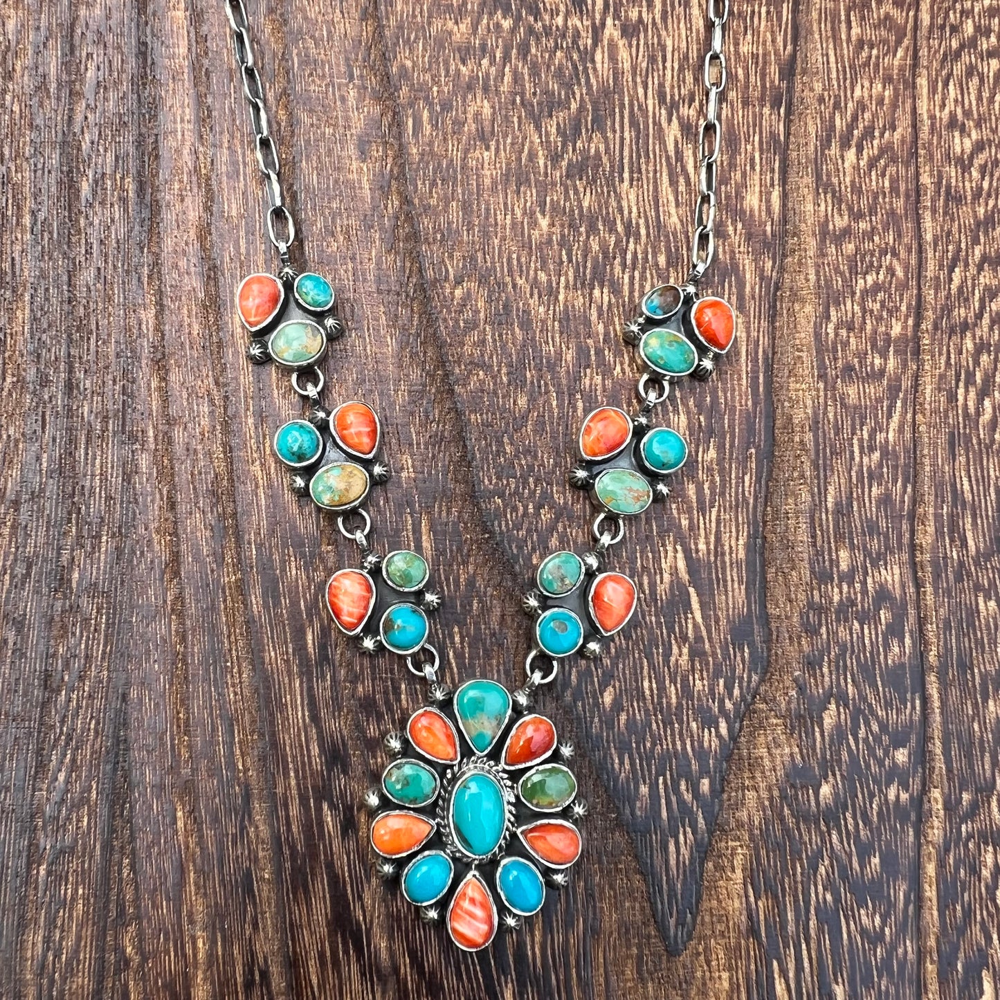Collector’s Kingman Turquoise & Spiny Oyster Cluster Necklace – 29 Stone Statement
