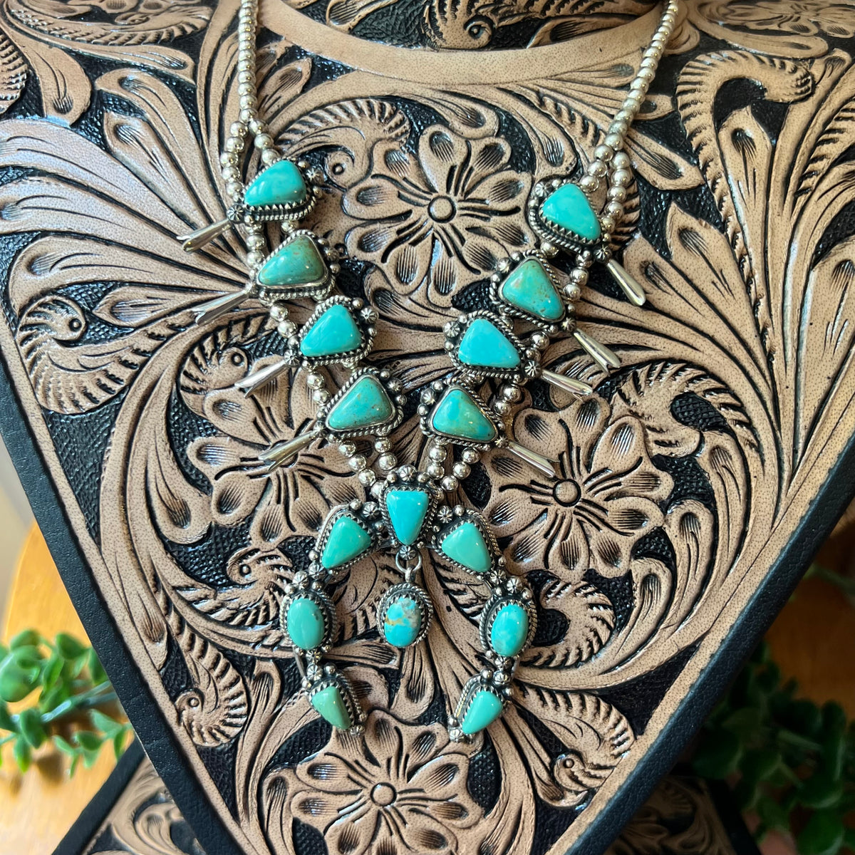 Kingman Turquoise Squash Blossom Necklace Sterling Silver