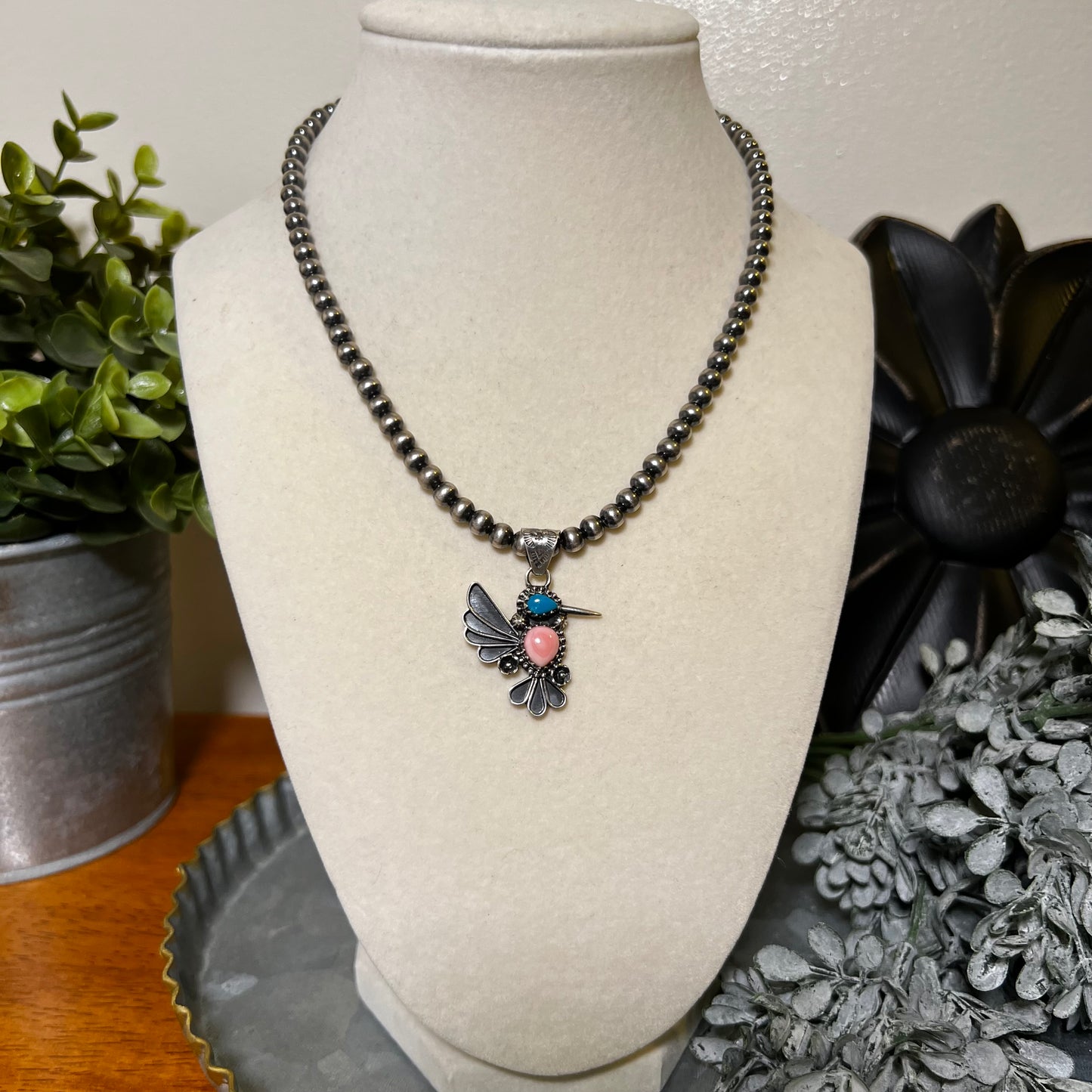 Pink Conch & Kingman Turquoise Hummingbird Sterling Silver Pendant