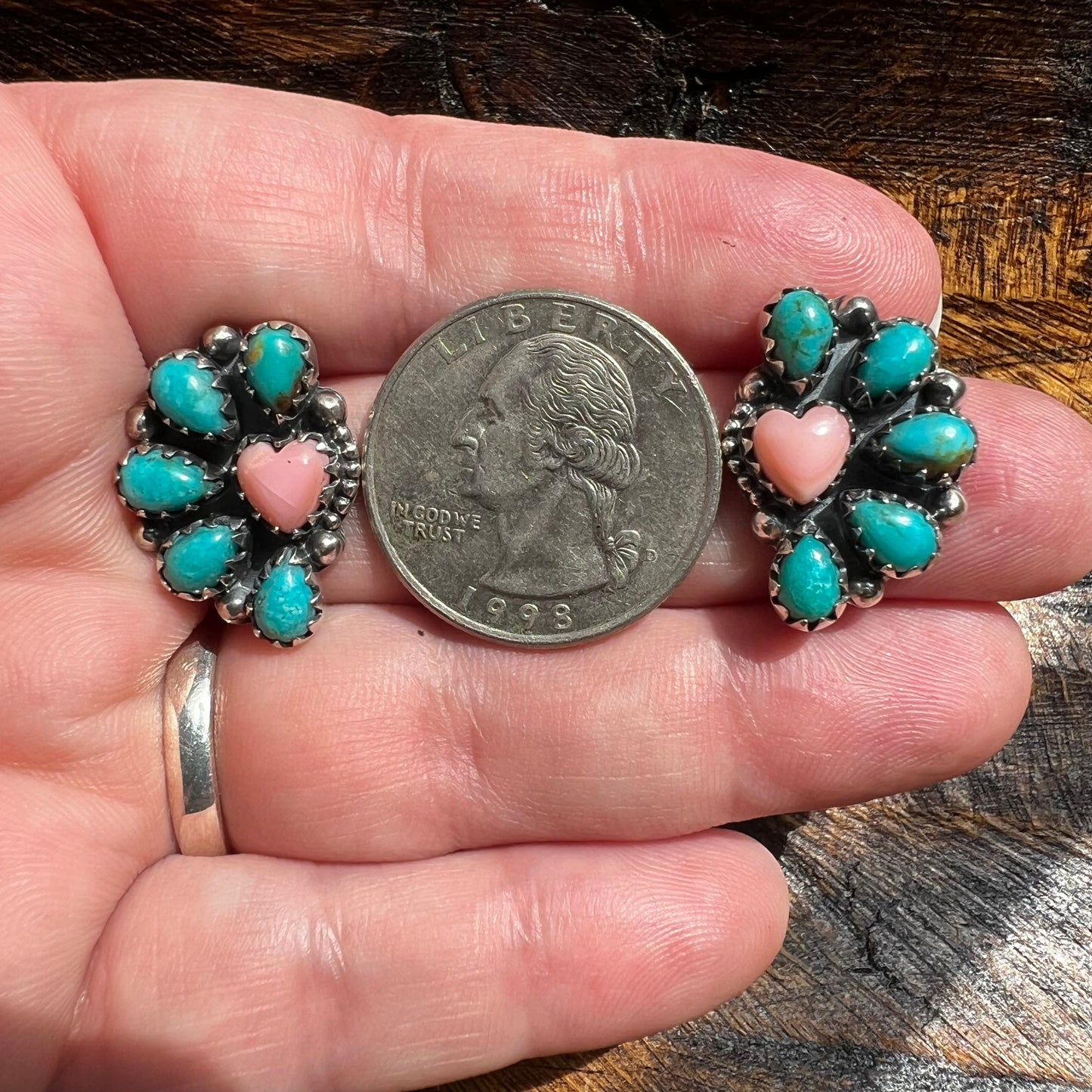 Sterling Silver Kingman Turquoise Queen Conch Heart Half Cluster Earrings ￼