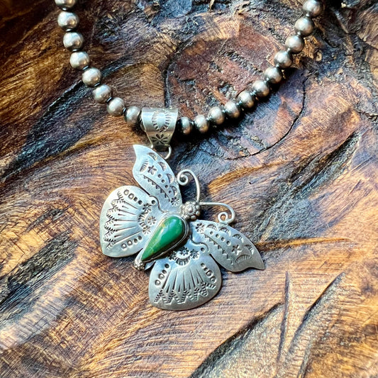 Kingman Turquoise Butterfly–Moth Pendant in Sterling Silver