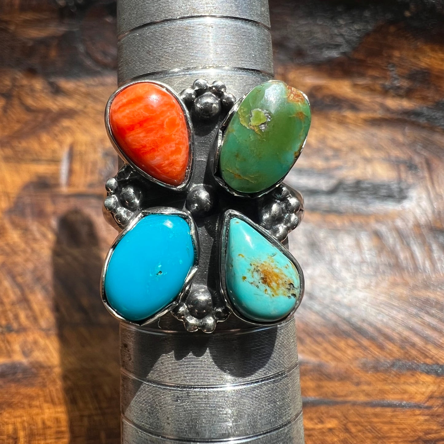 Kingman Turquoise & Spiny Oyster Cluster Ring – Size 8.75