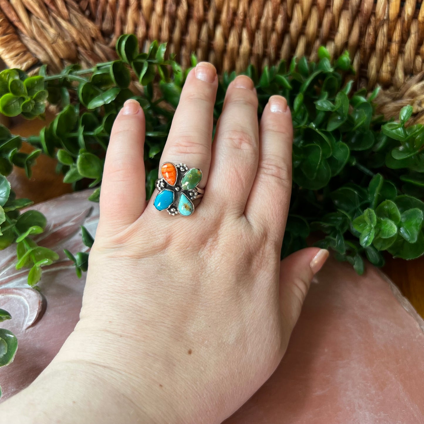 Kingman Turquoise & Spiny Oyster Cluster Ring – Size 8.75