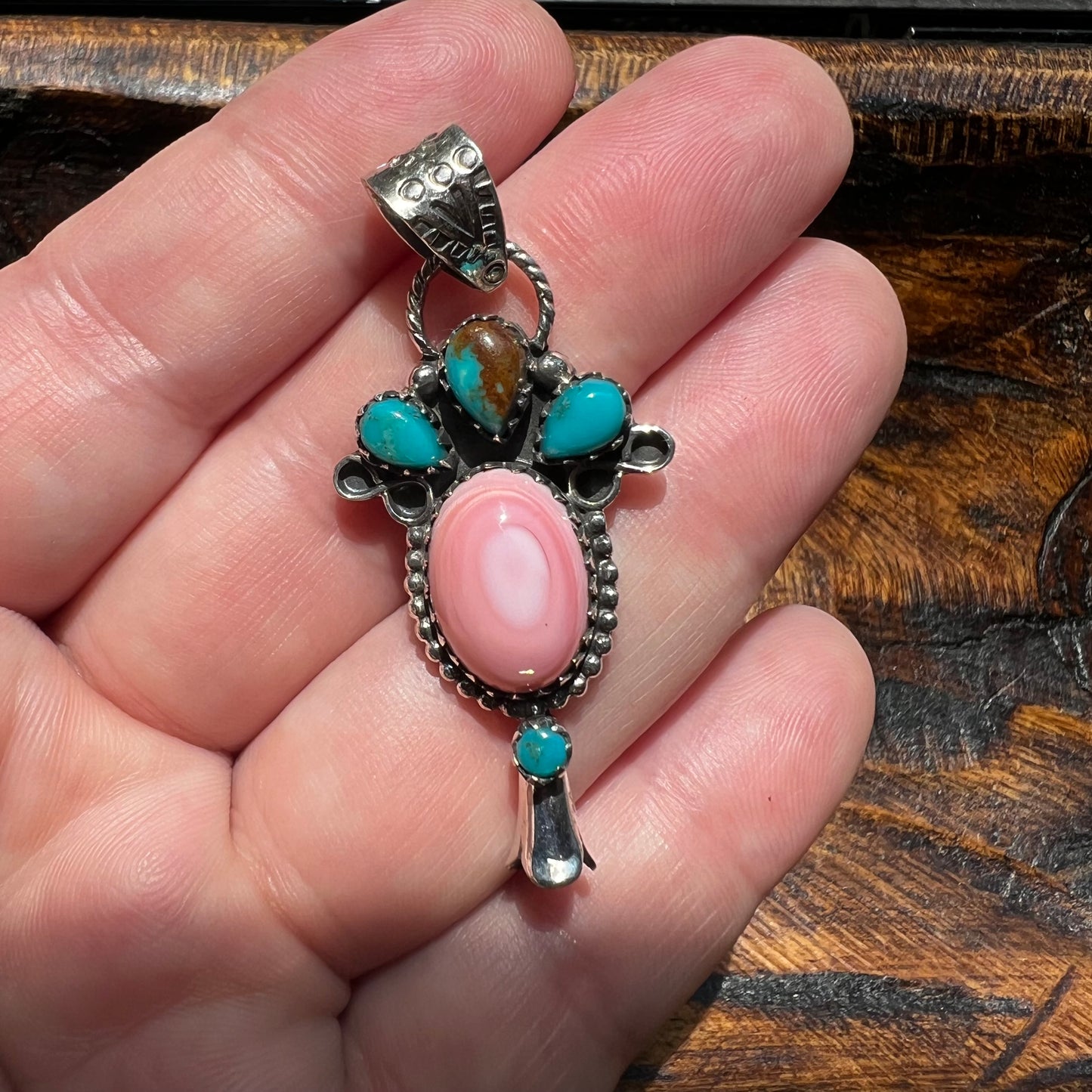 Pink Conch & Kingman Turquoise Squash Blossom Pendant – Sterling Silver