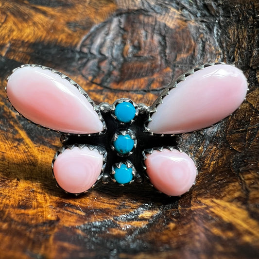 Pink Queen Conch & Kingman Turquoise Butterfly Statement Ring – Size 8
