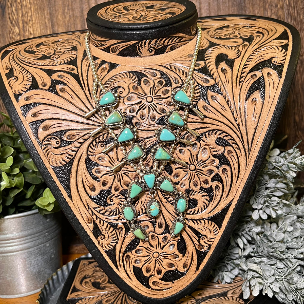 Kingman Turquoise Squash Blossom Necklace Sterling Silver