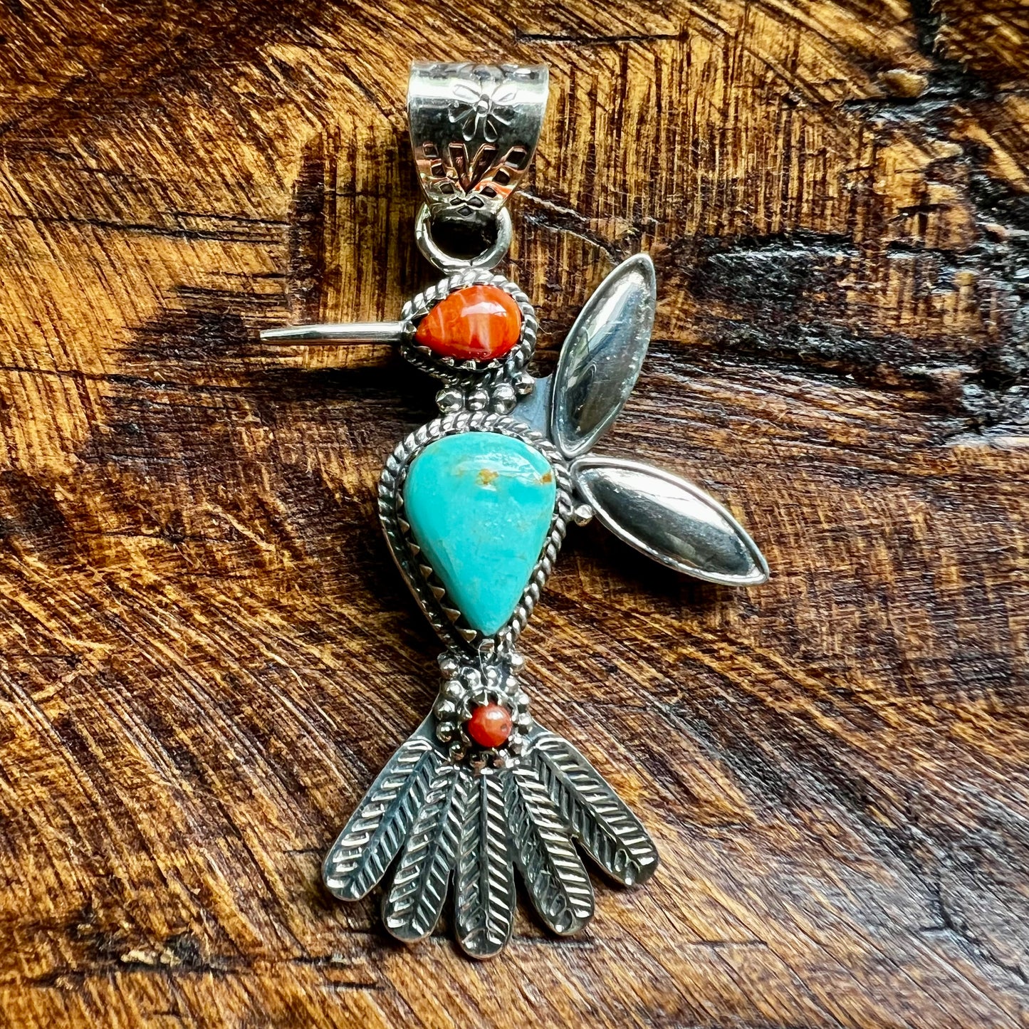 Kingman Turquoise Spiny Oyster Coral Hummingbird Pendant