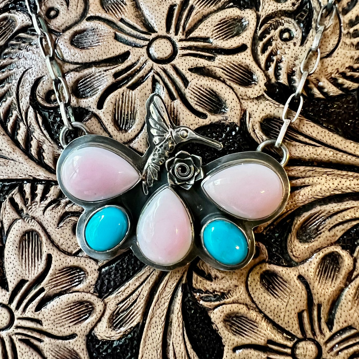 Pink Conch, Turquoise & Sterling Silver Hummingbird Necklace