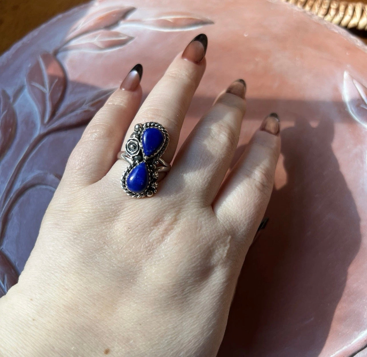 Lapis Lazuli Double Teardrop Statement Ring in Sterling Silver Size 9.5