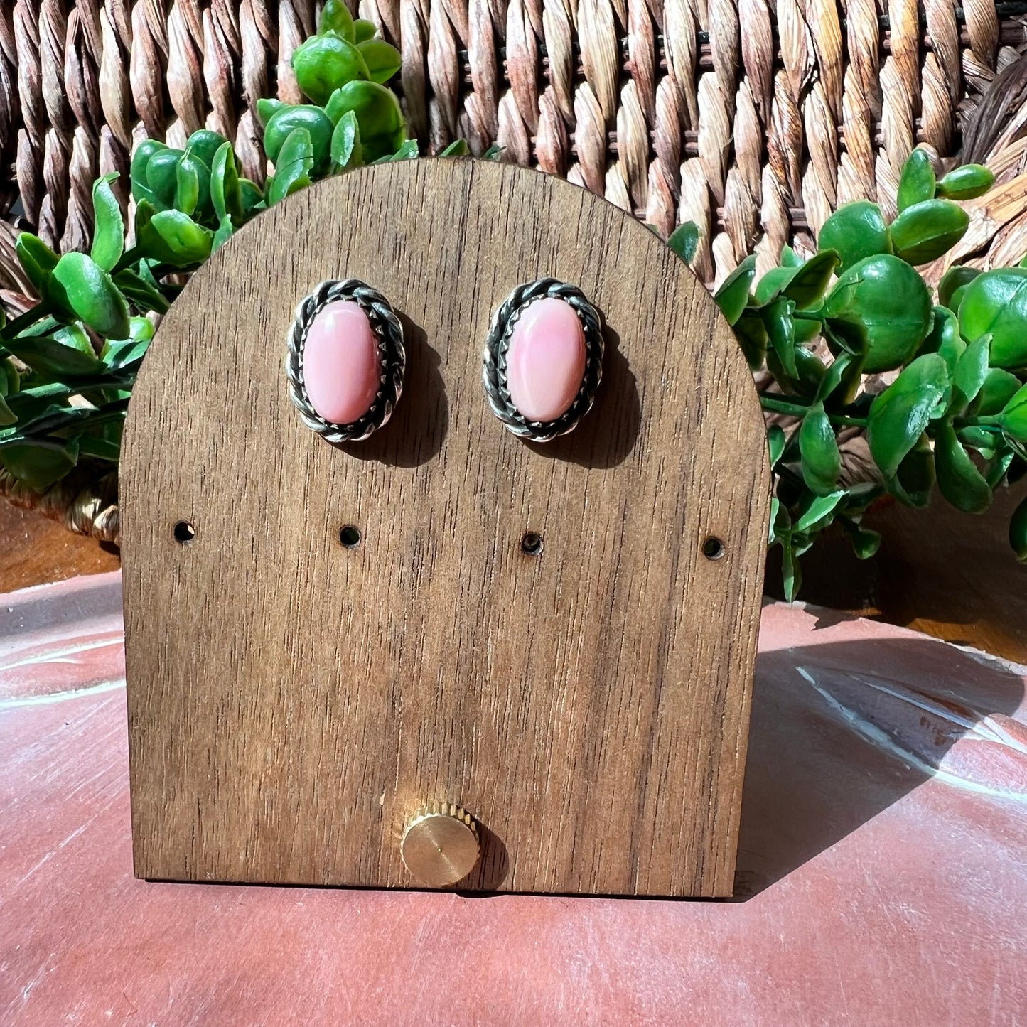 Pink Queen Conch Oval Stud Earrings | Sterling Silver Rope Bezel