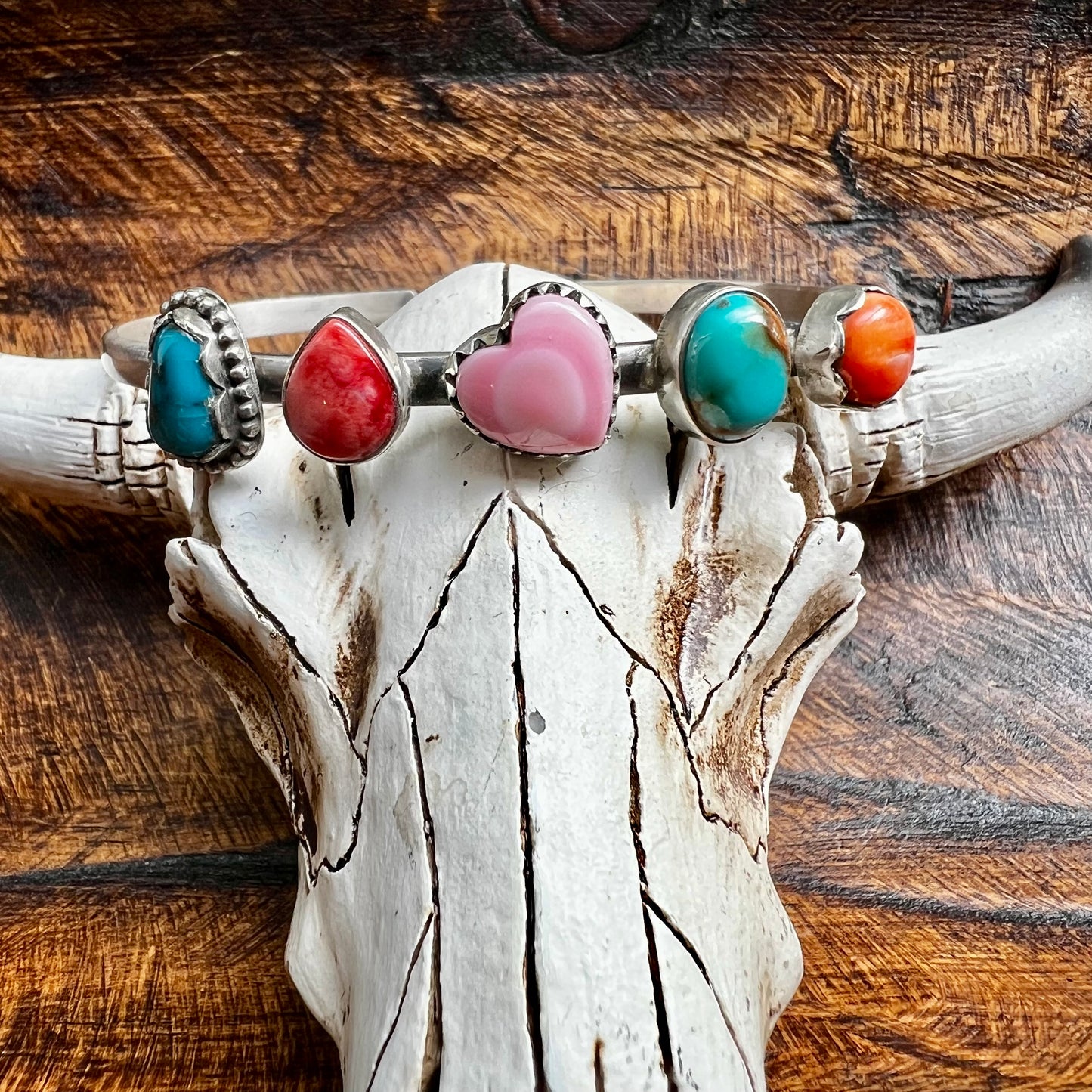 Multi-Stone Sterling Silver Cuff Bracelet | Turquoise, Queen Conch & Spiny Oyster | Size 7.5