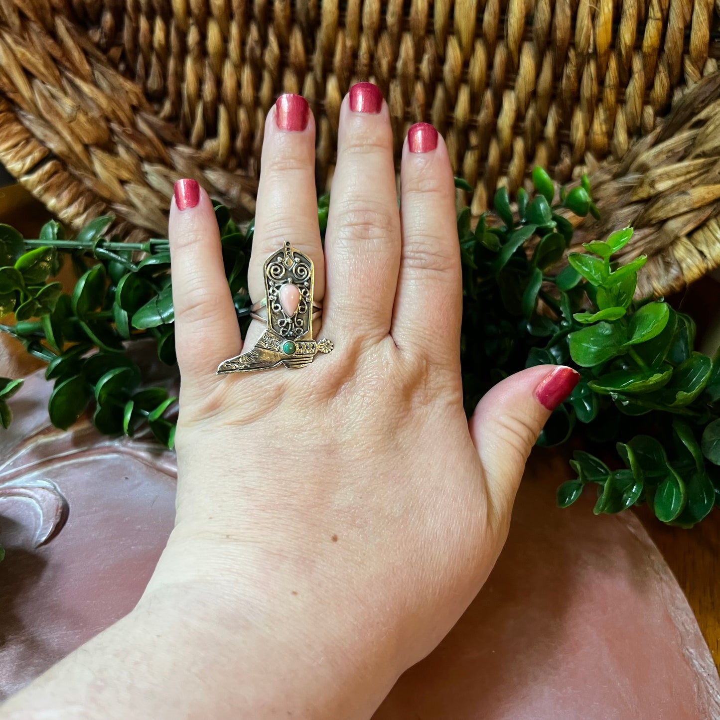 Sterling Silver Pink Conch Cowboy Boot Ring with Kingman Turquoise – Size 7.5