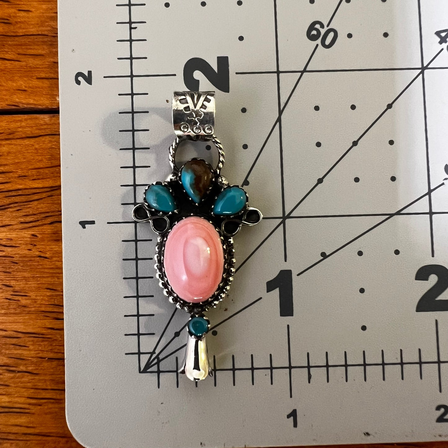 Pink Conch & Kingman Turquoise Squash Blossom Pendant – Sterling Silver