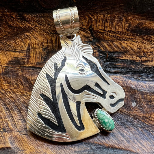 Alonzo Mariano Navajo Sterling Silver Horse Kingman Turquoise Pendant Signed