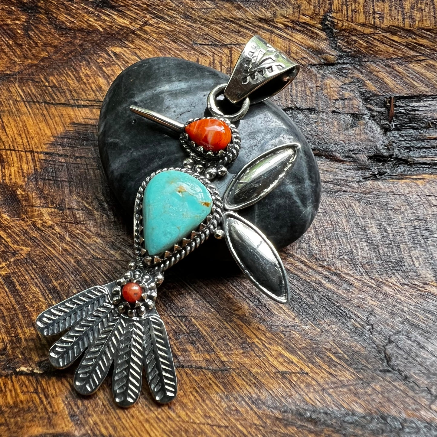 Kingman Turquoise Spiny Oyster Coral Hummingbird Pendant