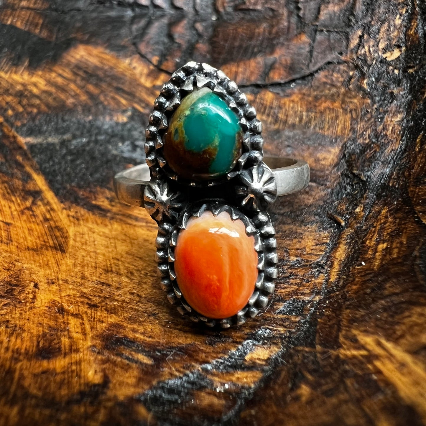 Sterling Silver Fox Turquoise Spiny Oyster Adjustable Ring Size 8