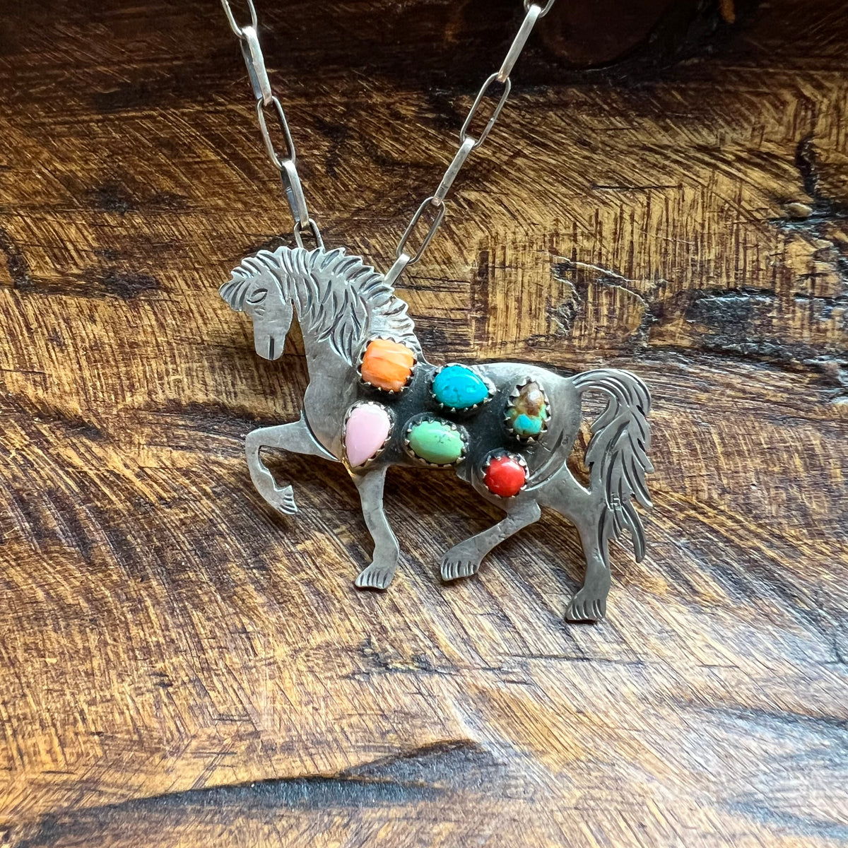 Sterling Silver Multi-Stone Horse Pendant – Kingman Turquoise, Queen Conch, Spiny Oyster & Italian Red Coral