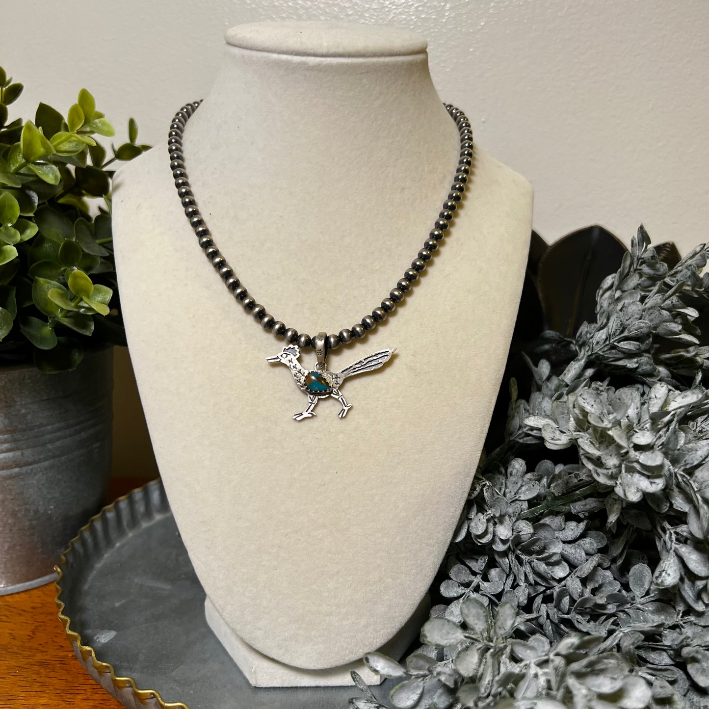 Southwestern Sterling Silver Roadrunner Turquoise Pendant