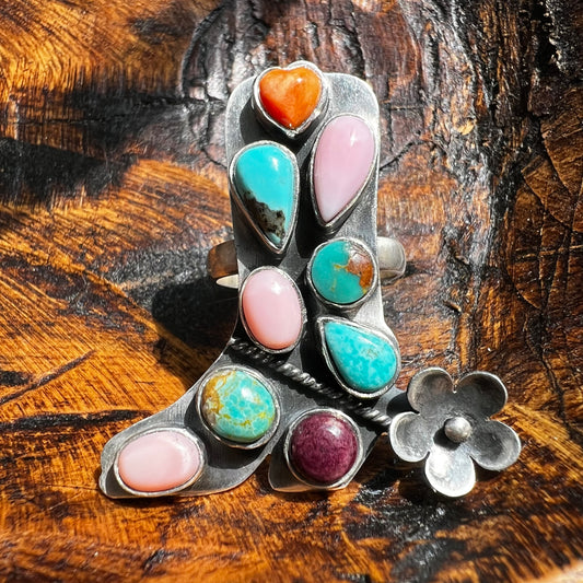 Sterling Silver | Multi Stone Statement Boot Ring | Size 10.5 Adjustable