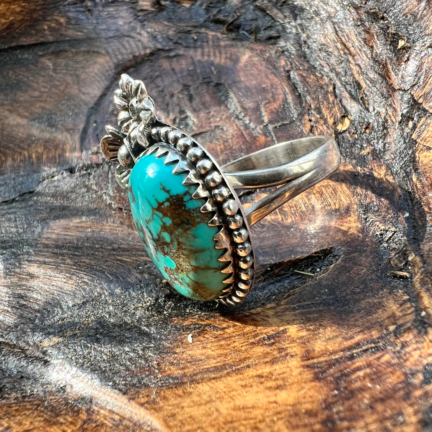 Kingman Turquoise Floral Statement Ring in Solid Sterling Silver