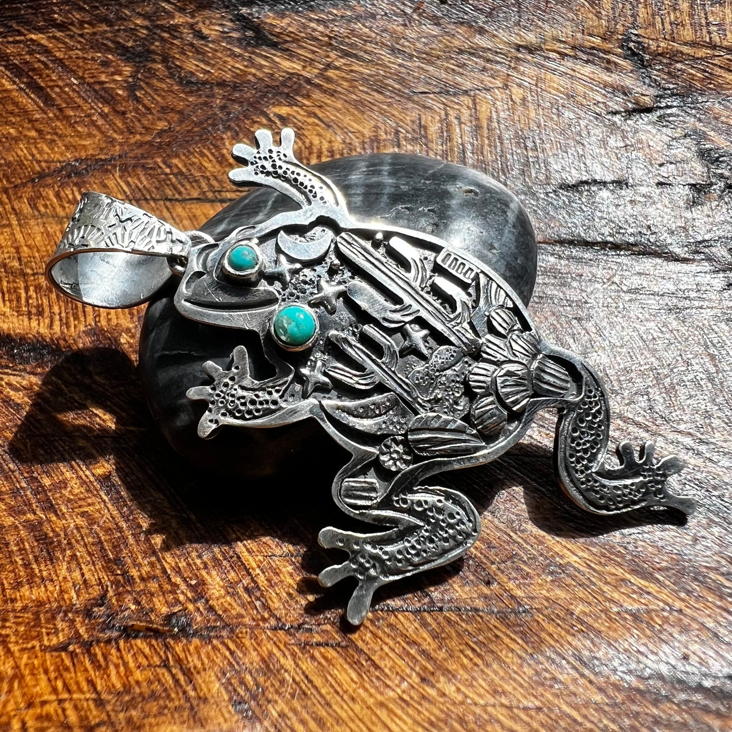 Storyteller Frog Pendant in Sterling Silver with Kingman Turquoise