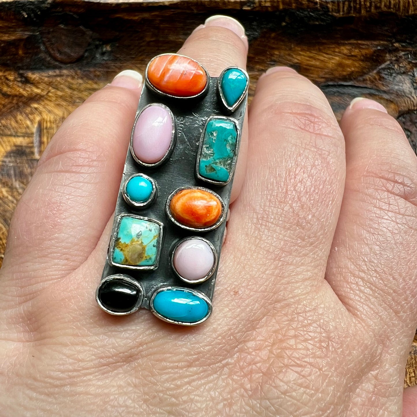 Sterling Silver Multi-Stone Statement Ring | Kingman Turquoise, Queen Conch, Spiny Oyster & Black Onyx