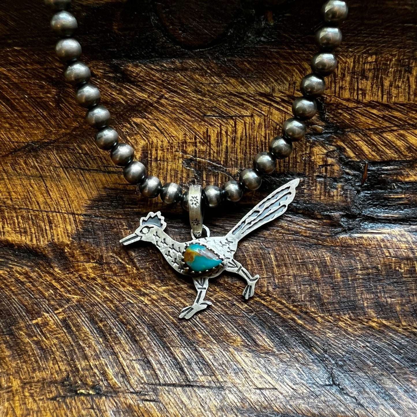 Southwestern Sterling Silver Roadrunner Turquoise Pendant