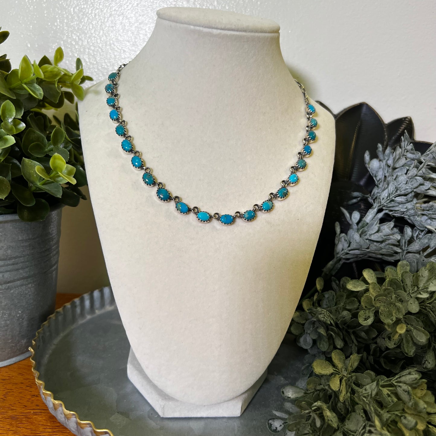Kingman Turquoise Station Choker Necklace Sterling Silver 17” Blue Green