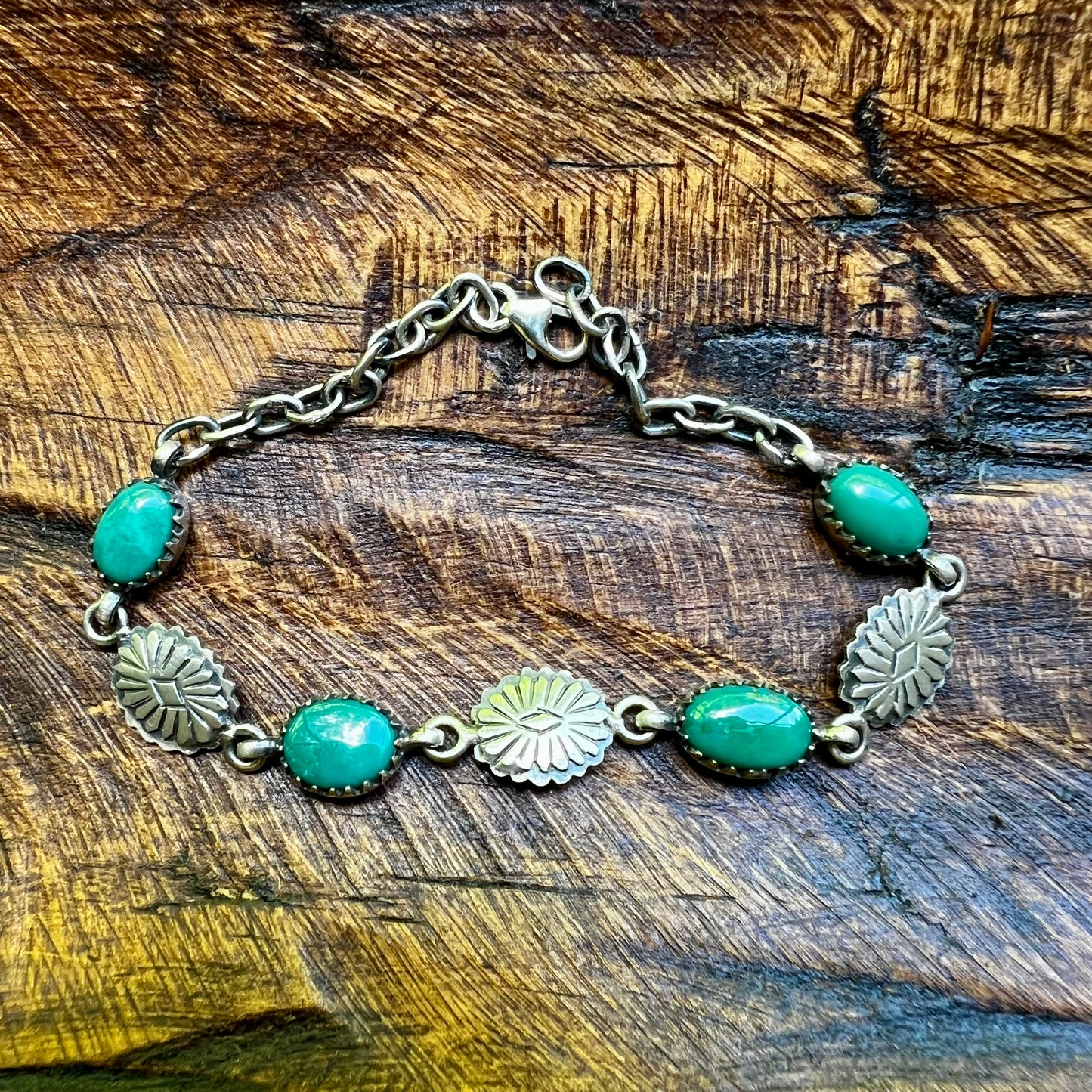 Kingman Turquoise Concho Link Bracelet Sterling Silver Size 7.25